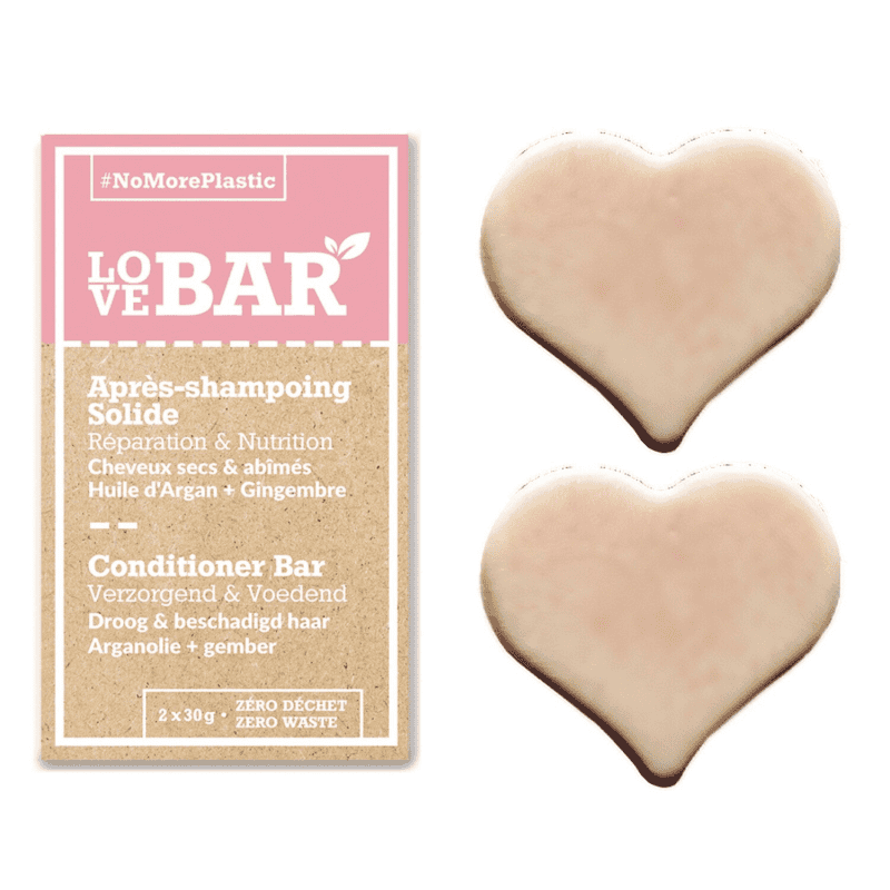 Lovebar Après-shampooing solide Réparation et Nutrition Cheveux secs et abimés Huile d'Argan & Gingembre 2*30 g