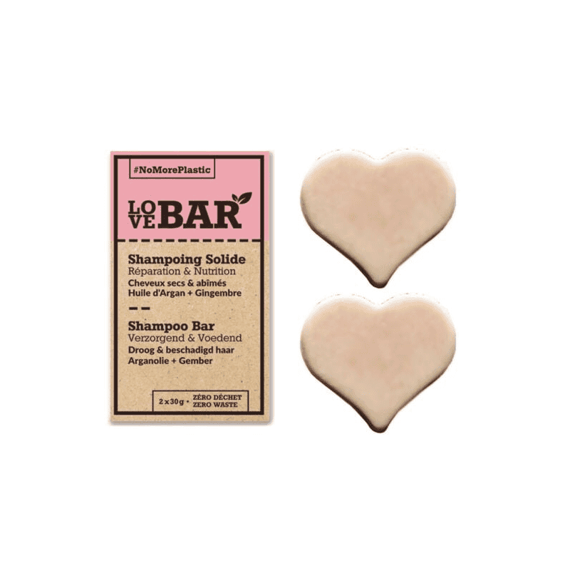 Lovebar Shampooing solide Réparation et Nutrition Cheveux secs et abimés Huile d'Argan & Gingembre 2*30 g